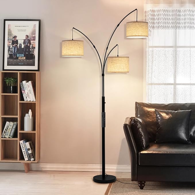 3 Light Arc Floor Lamp with Remote, Beige Shade Black Pole | 80" Dimmable Floor Lamp, 2400LM Super Bright, Independently Controlled 9W LED Energy-Saving Light Bulb, Memory Function