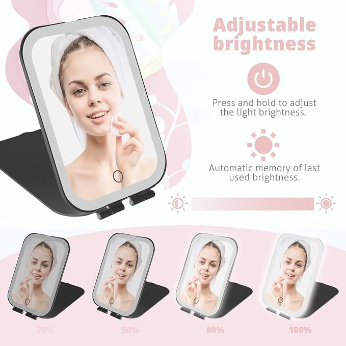 Travel Makeup Mirror, Portable Rechargeable Mirror with Lights | USB-Rechargeable, 3 Color LED Lighting, Adjustable Brightness, 7.9x5.4 inch, 1200mAh Battery, Gift for Women and Girls, Black