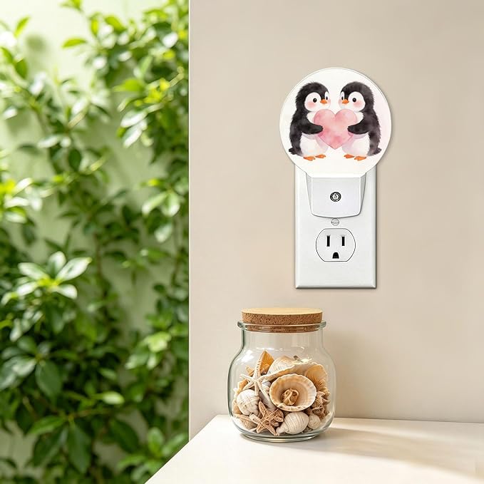 Night Lights Plug into Wall Cute Penguin Pink Heart Night Light Auto Sensor | Animal Romance Plug in Night Lights for Wall Socket with Dusk-to-Dawn Sensor for Bedroom, Bathroom and Living Room