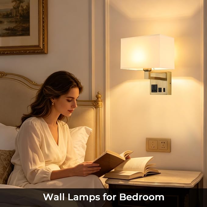 Plug in Wall Sconces, Wall Lamp with Brass Base Square lampshade | Wall Lamps for Bedroom Bulb Included, Wall Mounted Lamp with 3 Color Temperature, Bedside Lamps with USB Ports and AC Outlet