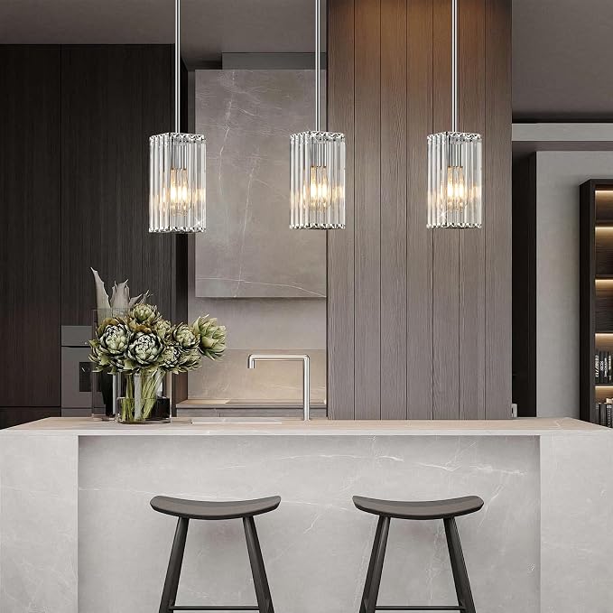 Modern Crystal Pendant Lights Kitchen Island, 3-Pack Chrome Hanging Light with Clear Crystal Shade, Adjustable Height Pendant Lighting for Kitchen Island Dining Room Bedroom Bar Entryway