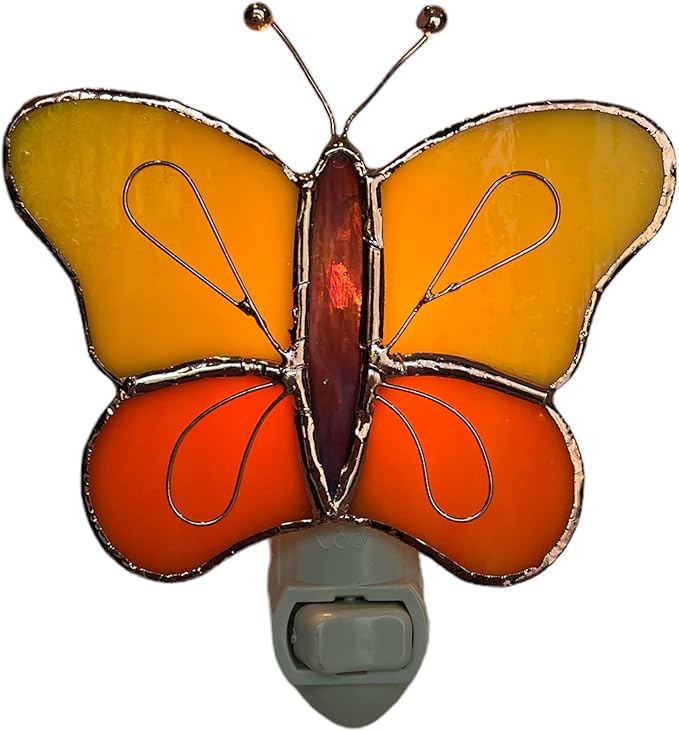 Gift Essentials Yellow and Orange Butterfly Plug in Night Light - Stained Glass Nightlight with On/Off Rocker Switch - Includes One 4 Watt Replaceable Incandescent Warm Glow Bulb