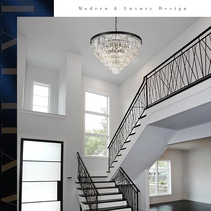 35'' Large Crystal Chandeliers 6-Tier Modern Black K9 Crystal Ceiling Pendant Light 22-Light Luxury Round Crystal Chandelier for High Ceiling Entryway Staircase Living Room Foyer