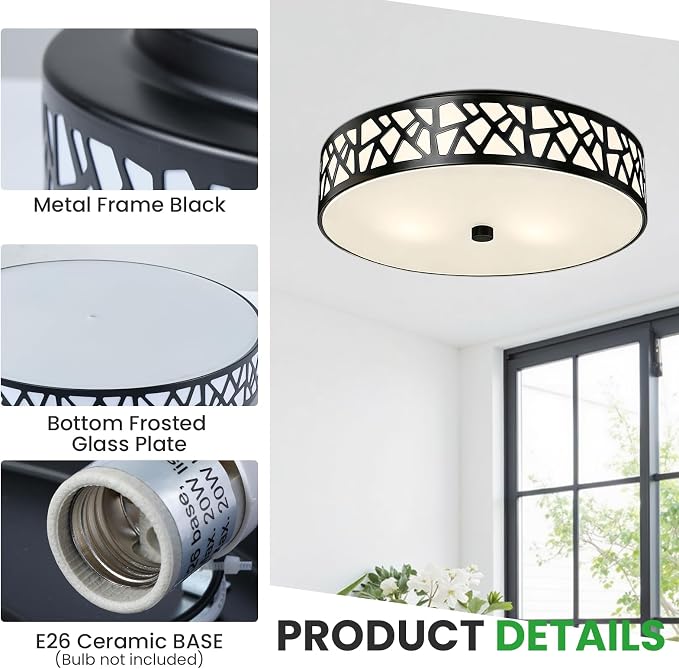 Black Flush Mount Ceiling Light, 3-Light Farmhouse Light Fixture with Frosted Glass Shade for Bedroom, Hallway, Kitchen, 16 Inch