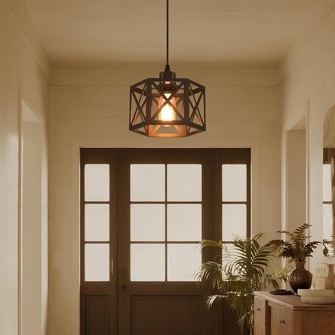 Farmhouse Pendant Light Fixture, Black Pendant Lights for Kitchen Island Industrial Lantern Pendant Light Fixtures with Light Shade, Adjustable Height Hanging Pendant Lighting