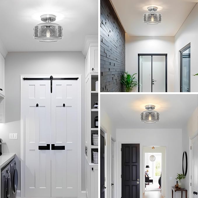 DSMJFU Semi Flush Mount Ceiling Light, Vintage Small Ceiling Light Fixture, Smokegray Thickened Glass Hallway Lighting Fixture, Chrome Kitchen Ceiling Mount Light for Entryway Bedroom Bathroom Kitchen