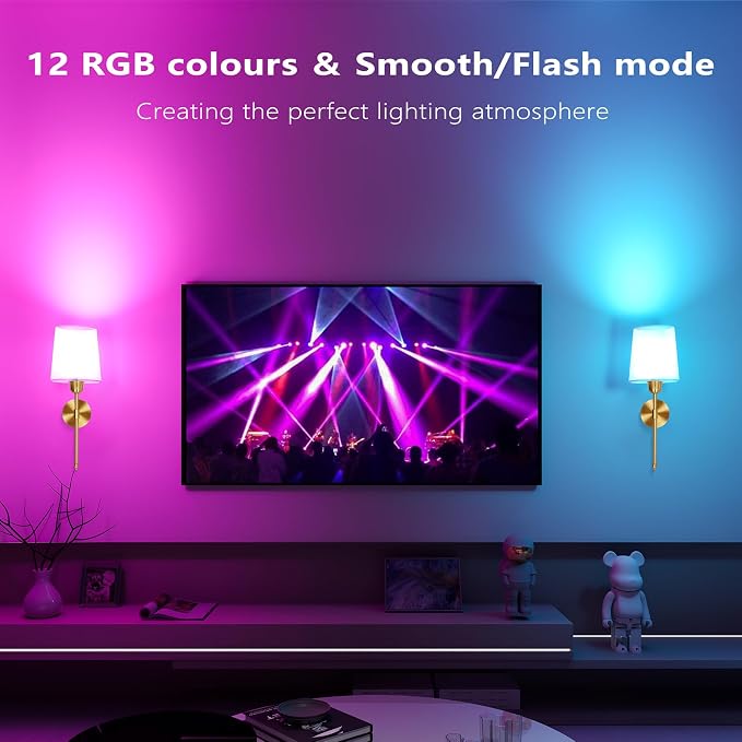 Battery Operated Wall Sconces Set of 2, Wireless Rechargeable Dimmable Wall Light with 5600mAh RGB Bulb and Remote for Bedroom, Living Room, Hallway, Gold, 19in