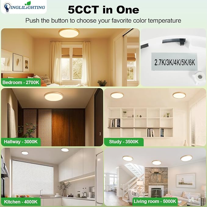 LED Flush Mount Ceiling Light: 7 inch 1Pack Super Slim Dimmable & 5CCT (2700-6500K) Kitchen Lighting Fixtures Ceiling - 12W Gold Low Profile Ceiling Lamp for Bedroom Garage Hallway