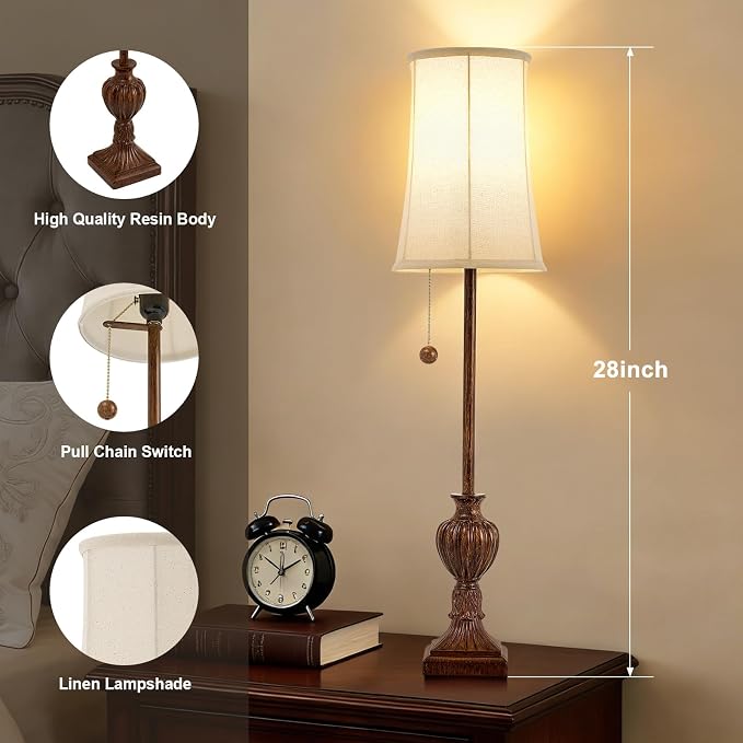 Buffet Table Lamps Set of 2 - 28" Tall Skinny Brown Resin Table Lamp for Living Room - Traditional Vintage Farmhouse Buffet Lamp with Pull Chain for Console Table,Dining Sideboard,Entryway,Bedroom