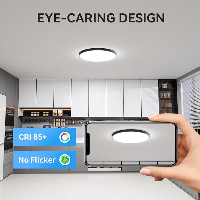 6Pack 3200lm LED Flush Mount Ceiling Light, Super Slim 12 inch LED Ceiling Light, 5000K LED Ceiling Light for Bedroom, Living Room, Dining Room (Black, Six Pack)