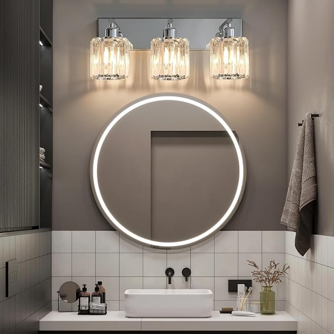 Brushed Chrome Crystal Bathroom Vanity Light, 3-Light Modern Bathroom Lighting Fixtures Over Mirror,Chrome Wall Sconce Light Fixtures with Round Shade