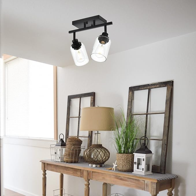 MELUCEE 2 Light Wall Scone Spotlight Semi Flush Mount Ceiling Light | 12.2 Inch Black Bathroom Lights Rotatable Track Lighting Kit for Hallway Porch Foyer Bath Storage, Clear Glass Shade