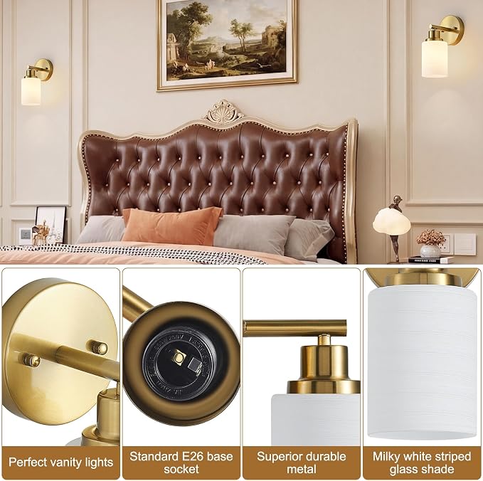 2-Pack, 1-Light Vanity Lights, Brushed Gold Bathroom Light Fixture with Textured Milky White Glass Shade, E26 Modern Vanity Lighting Fixture for Bathroom Wall Sconce