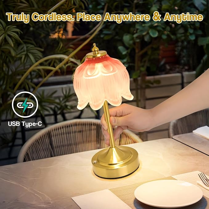 Cordless Table Lamp, Rechargeable Blush Pink Glass Lotus Flower Lamp | 5200mAh touch lamp with 3 color modes and stepless dimming, battery operated lamp for nightstands and kitchen counters