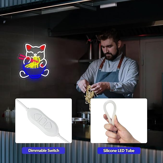 Fortune Cat Ramen Neon Sign Japanese Lucky Cat Noodle Neon LED Light Signs | Dimmable Anime Ramen Cat Neon Lights up Sign for Living Room Wall Decor Home Bar Kitchen Ramen Restaurant Dining