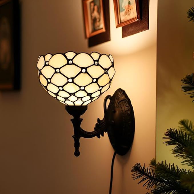 Tiffany Sconce Lamp Stained Glass Wall Lamp,8X10.5X11 Inch Plug in Wall Bedside Light for Hallway Bedroom (Cream Bead)
