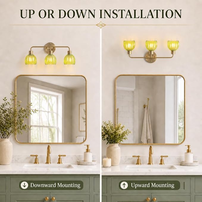 3-Light Gold Brass Bathroom Light Fixture,Wall Sconces,Brushed Gold Vanlity Light Over Mirror,Bathroom Vanity Light with Green Glass Flower Shade,E26 Socket(Bulbs Not Included)