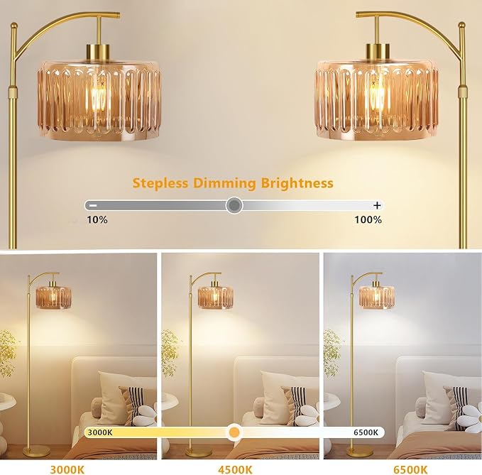 ILLMTW Glass Floor Lamp for Living Room,Bedroom,Gold Mid Century Modern Standing Lamp with Remote,Dimmable Brass Tall Lamp Amber Flower Lamp Vintage Floor Lamps Arc Floor Light Boho Bohemian