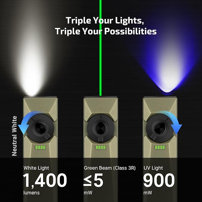 OLIGHT Arkfeld Ultra EDC Flat Flashlight Rechargeable, OAL, Olive-Green NW | Green Beam,UV Light, White LED, 1400 Lumens, Compact Magnetic Pocket Flashlight for Emergency Inspection Working