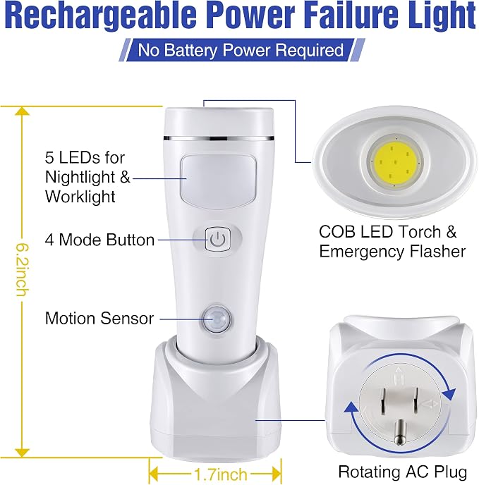 Enhon 2 Pack 4 in 1 LED Emergency Lights for Home Power Failure,White | Rechargeable plug-in flashlight, motion sensor night light, auto turn-on during blackout, hurricane supplies