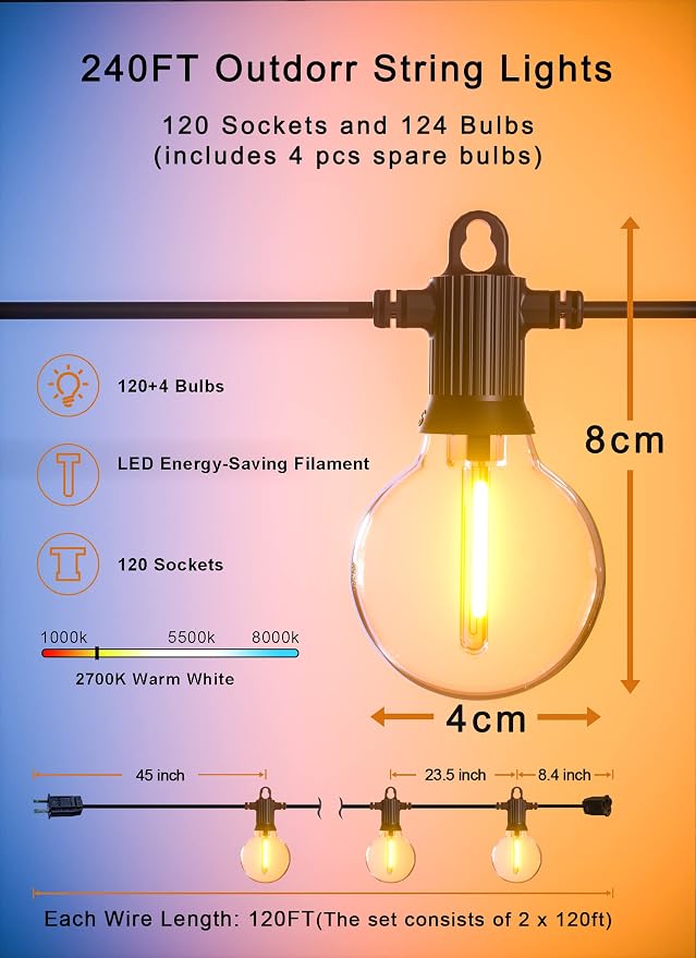 Zuske Outdoor String Lights, 240FT Patio Lights with 124 Shatterproof G40 Globe Bulb(4 Spare), Waterproof Connectable Dimmable LED Hanging Lights for Outside Backyard Porch Balcony Gazebo (120FTx2)