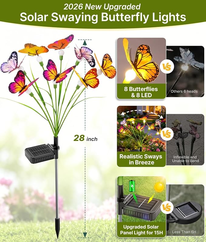 Solar Butterfly Garden Lights, 6 Pack 48 Swaying Butterflies | Lifelike Silk Wings on Wire Stems, For Yard, Patio, Pathway & Lawn, IP65 Waterproof Outdoor, Flutters in Any Breeze