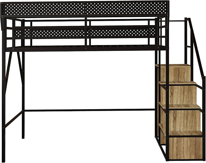 Queen Size Metal Loft Bed with Reversible Stairs and LED & USB Port | Storage Shelf, Reversible Storage Stairs with Wardrobe, LED Lights,USB Charging Port,Sturdy Noise-Free Design,Large Under Bed
