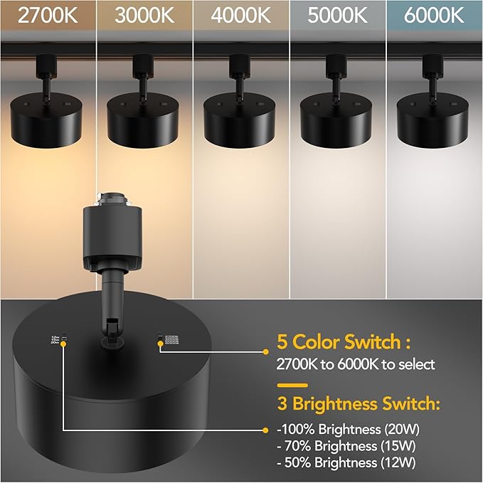 5 Color Diffuse LED Track Lighting Heads H Type Track Light Heads Dimmable Kitchen Track Lighting Fixtures Ceiling, Compatible with H Track Rails - Flicker Free CRI90+ 20W 2000lm, 4 Pack Black