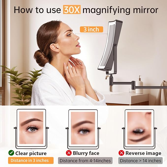 FASCINATE 5000mAh Rechargeable Wall Mounted Makeup Mirror, 8.7" Double Sided Touch Switch 1X 30X Rectangle Magnifying Mirror with Light, 3 Color Setting, Extended Arm 360° Swivel Foldable Black