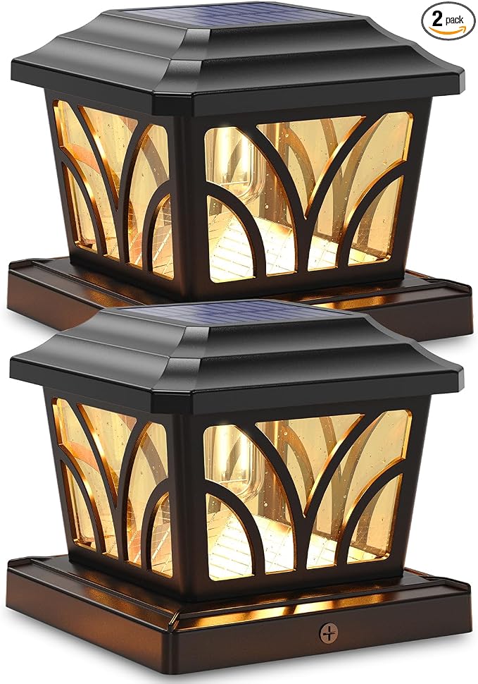 SIEDiNLAR Solar Post Cap Lights Outdoor, Aluminum Glass 2 Modes Fence Post Caps for 4x4 5x5 6x6 Vinyl Wooden Posts Fence Deck Patio Decor, Warm White/Cool White Lighting 2 Pack (Black)