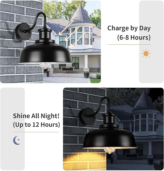 Solar Barn Light for Outside, Dusk to Dawn Outdoor Wall Lights Solar Powered, Farmhouse Exterior Wall Sconce, Industrial Outside Lighting Fixture, Rustic Lantern for Garage, Barn, Shed