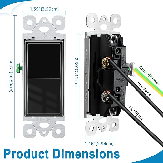 Greencycle Black 3 Way Light Switch,Three Way Single Pole Switches, 15A 120-277V Rocker Paddle Wall Switch,On Off Switches, Self-Grounding, UL Certified,Residential and Commercial Grade,4PK