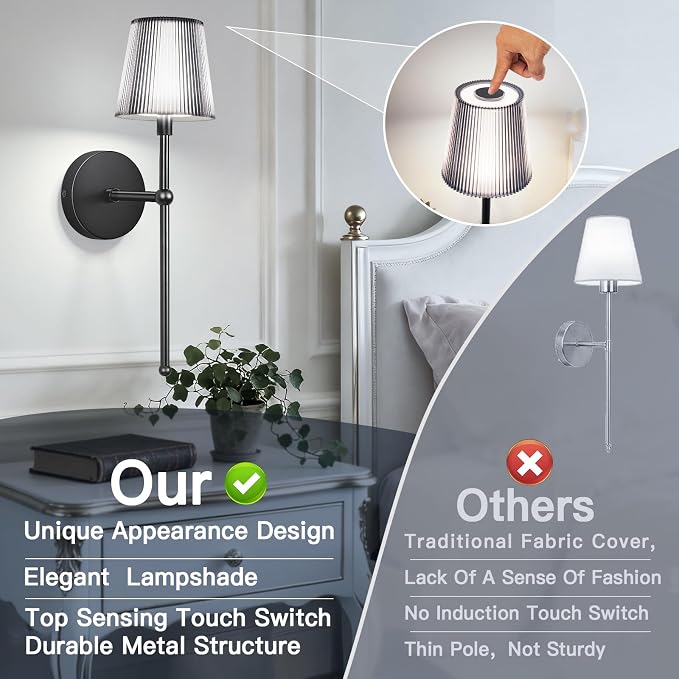 TaoFiaCo Battery Operated Wall Sconces Set of 2,Wireless Wall Sconce Black | 5200mAh Rechargeable, Remote, Timer, Dimmable, Cordless Wall Light for Bedroom Living Room, Hallway, Light Decor