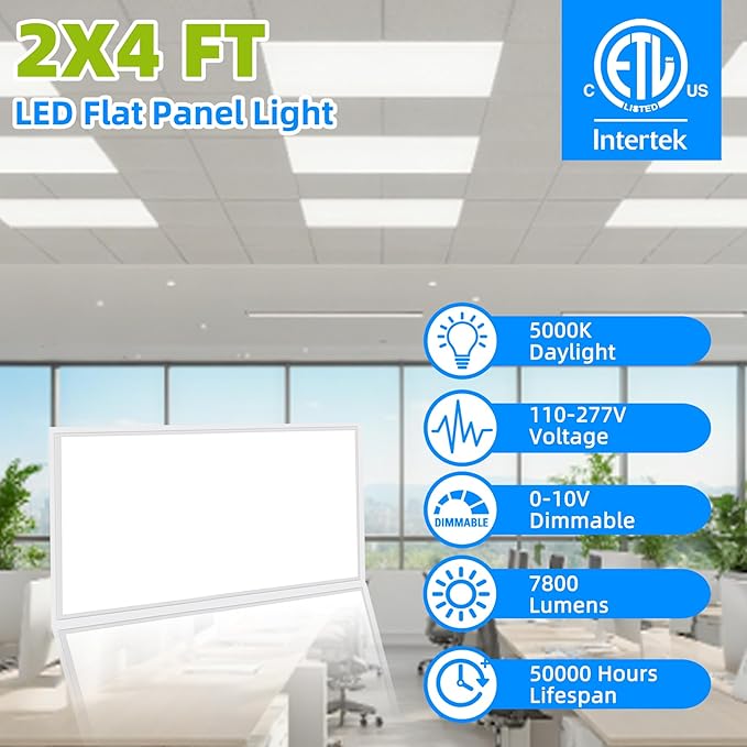 2x4 LED Flat Panel Light,8 Pack 7800 LM Drop Ceiling Office Light Fixture,5000K Commercial Lights,0-10V Dimmable, 2x4 Recessed Edge-Lit Troffer Fixture for Office Kitchen,ETL Listed