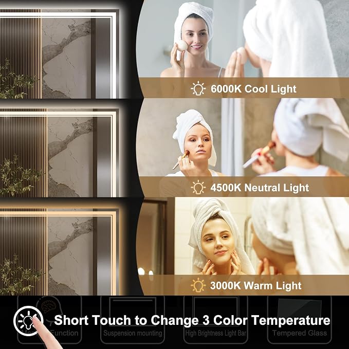 Ratsamee 55x30 Inch LED Bathroom Mirror with Frontlit & Backlit, Lighted Mirror for Bathroom Wall with 3-Color Dimmable & Anti-Fog, Vanity Mirror with Lights
