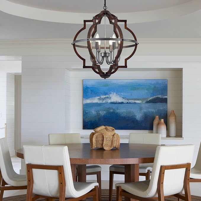 23'' 6-Light Wood Farmhouse Chandelier for Dining Room Vintage Rustic Oak Brown Pendant Light Fixtures Globe Hanging Ceiling Lighting for Hallway Entryway Foyer Kitchen Living Room Bedroom