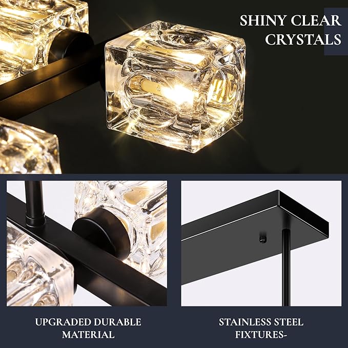 Black Chandeliers for Dining Room, Modern Crystal Pendant Lights Fixture with Cube Shade, 8-Lights Farmhouse Hanging Dining Light Fixtures Over Table for Kitchen Island, Living Room, Bedroom (G9 Base)