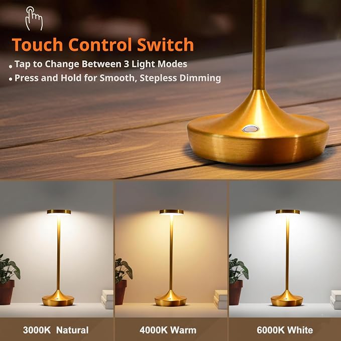 Gold Cordless LED Table Lamps Rechargeable 6000mAh, 72H Runtime, Waterproof | Stepless Touch Dimming with 3 Color Modes & Memory Function, Portable IP54 Waterproof for Home/Dinner/Patio/Restaurant (Gold)