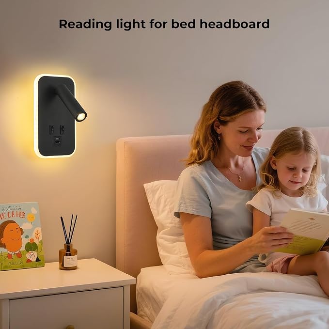 Wall Lamp with Wall Mounted Reading Lights,Modern Black Wall Sconce Plug in for Bedroom Living Room with Charging Station USB C+A Ports,Headboard Bedside Lamps with 3W+9W Night Light 3000K