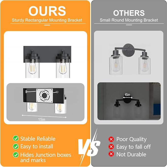 IZORRO Bathroom Vanity Light Fixture, 2-Light 15 Inch Matte Black Bathroom Light Fixtures Over Mirror, with Clear Glass Shade, Modern Farmhouse Vanity Lights, Rustic Restroom Lighting Fixtures
