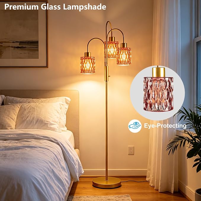 70" Glass Floor Lamp, 3-Light Gold Dimmable Standing Tall Lamp with Deep Red Ribbed Glass Shades &3PCS 3000K Warm White Bulbs, Modern Tree Pole Lamp for Living Room Bedroom Home Decor
