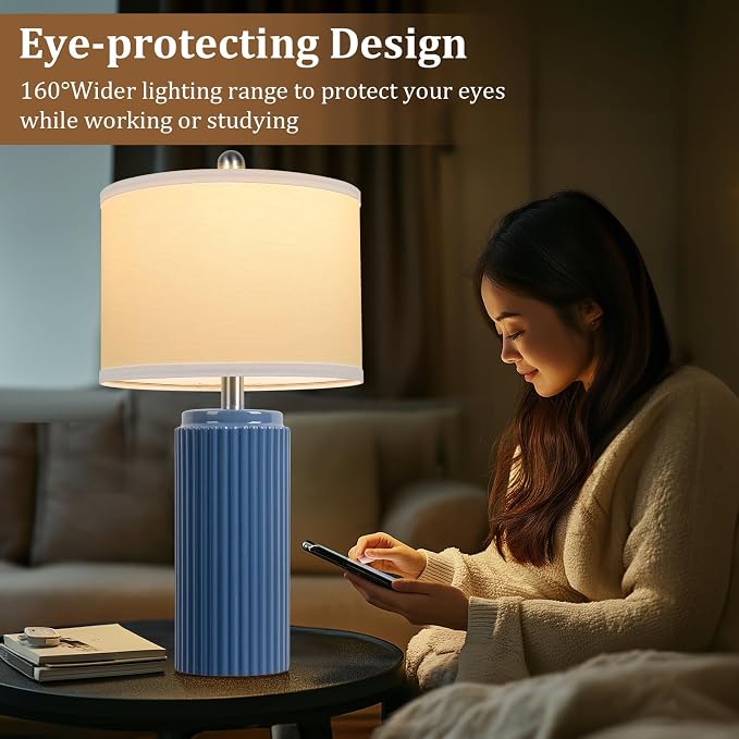 23.5" Blue Ceramic Table Lamps Set of 2, Modern Nightstand Lamps | Bedside Table Lamps with White Linen Shade, Ideal Size, Farmhouse Home Decor for Living Room Bedroom Office End Table Dorm
