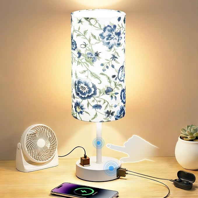 Table Lamp for Nightstand, High-Sensitivity Touch, 3-Level Dimmable Bedside Lamp with AC Outlet | USB | and USB-C, Ideal Night Stand Lamp for Bedroom (1, Printed&White)
