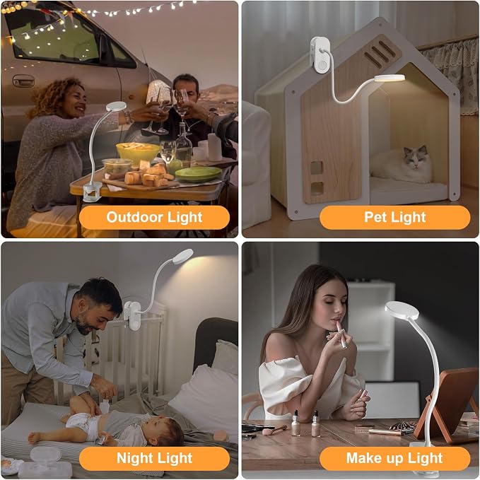 Cordless Reading Lamp with Clamp, 3.5'' Rechargeable LED Clip Light for Bunk Bed Headboard Home Office Desk, Flexible and Dimmable Book Light with 3 Color Temperatures & 10 Brightness (White/3.5'')