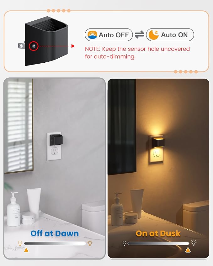 Night Lights Plug Into Wall, Auto On/Off, 4 Pack, Black, 3000K | Auto Brightness Sensor Night Light, Warm White, Ultra-Slim Wall Light for Bedroom Hallway Bathroom Stairs