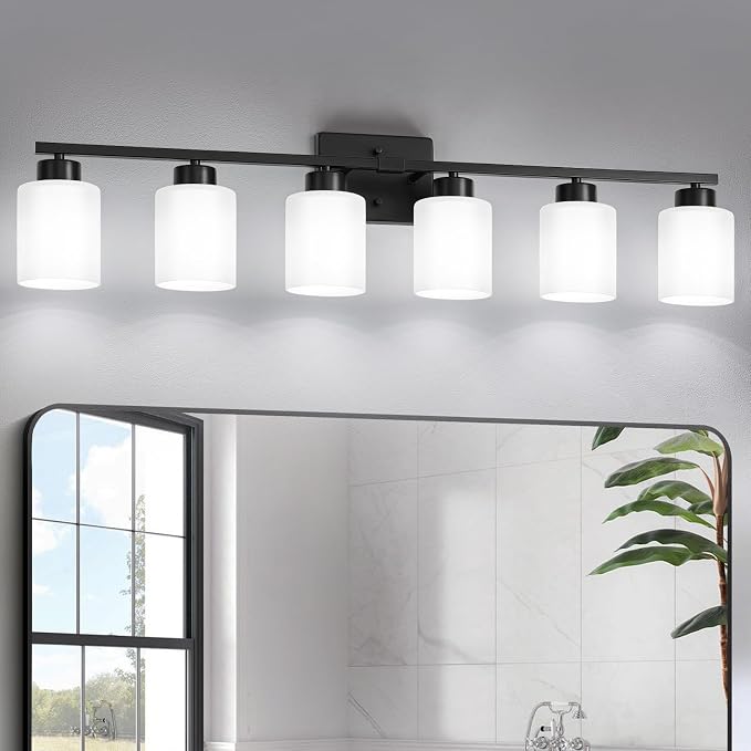 FonmYim Black Bathroom Light Fixtures Vanity Lights Over Mirror | Modern 6-Light lighting fixtures for bathroom with Milky White Frosted Glass Shades, E26 Socket (Bulbs Not Included)