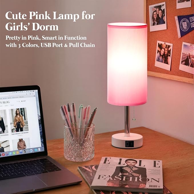 Dicoool Pink Bedside Table Lamp for Girls Bedroom - USB A+C Charging Ports | 3 Color Temperatures, USB A+C Port, Bulb Included, Pink Fabric Shade, Matte White Metal Base, 14" Desk Lamp for Kids Dorm
