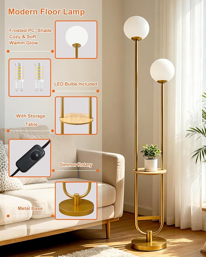 Lightdot 2 Globe Gold Floor Lamp with Table Mid Century Standing Lamps with 3000K LED Bulbs Unique U-Pole Vintage Tall Floor Lamp with 5Lbs Heavy Base for Living Room/Bedroom/Wedding/Party/Home Decor