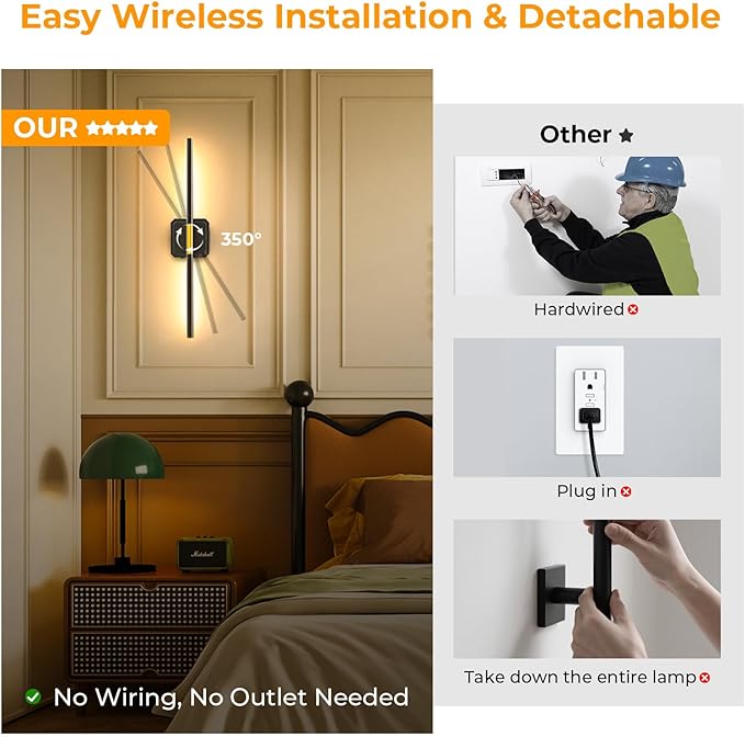 Battery Operated Wall Sconces Set of 2, Detachable 360°Rotate Wall Lamps, 3000-6500K Dimmable with Remote Control, 10000mAh Rechargeable Wall Light for Bedroom, Living Room, 28.3" Black Gold