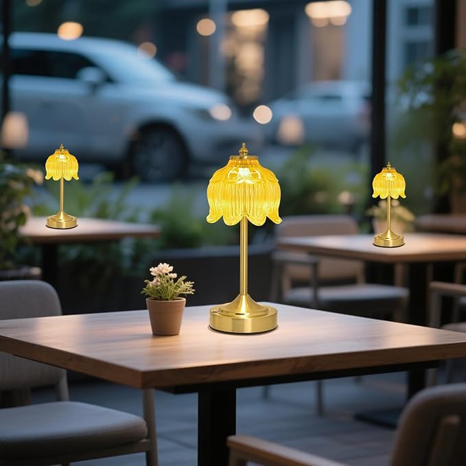 Cordless Table Lamp, Rechargeable Honey Gold Glass Lotus Flower Lamp | 5200mAh touch lamp with 3 color modes and stepless dimming, battery operated lamp for nightstands and kitchen counters